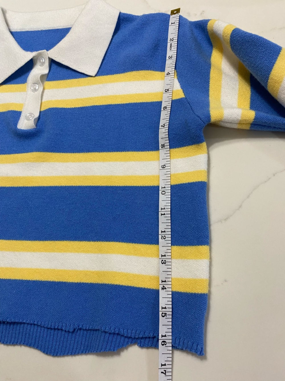 Woman’s Striped Crop Polo Top in Blue & Yellow SZ Medium - Picture 7 of 8